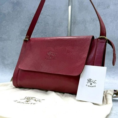 IL BISONTE Leder Schultertasche Rot Klappe Crossbody Goldfarbene Hardware Italy