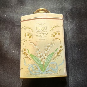 Coty Muguet des Bois Talcum Powder Advertising Tin 4 oz Beige Green Gold