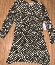 Time and Tru NEW Long Sleeve Green Beige Wrap Dress L 12/14 Viscose NWT 633
