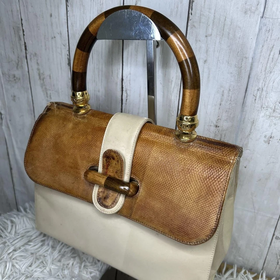 Fendi Leather Handbag Auth Brown White Women Italy 124106 - Image 2 of 4