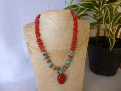 Red Coral And Turquoise Nugget 925 Native American Southwestern Necklace Jewelry