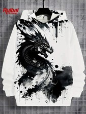 3D Black Ink Dragon Hoodie White Black Splash Art Graphic Pullover Sweatshirt
