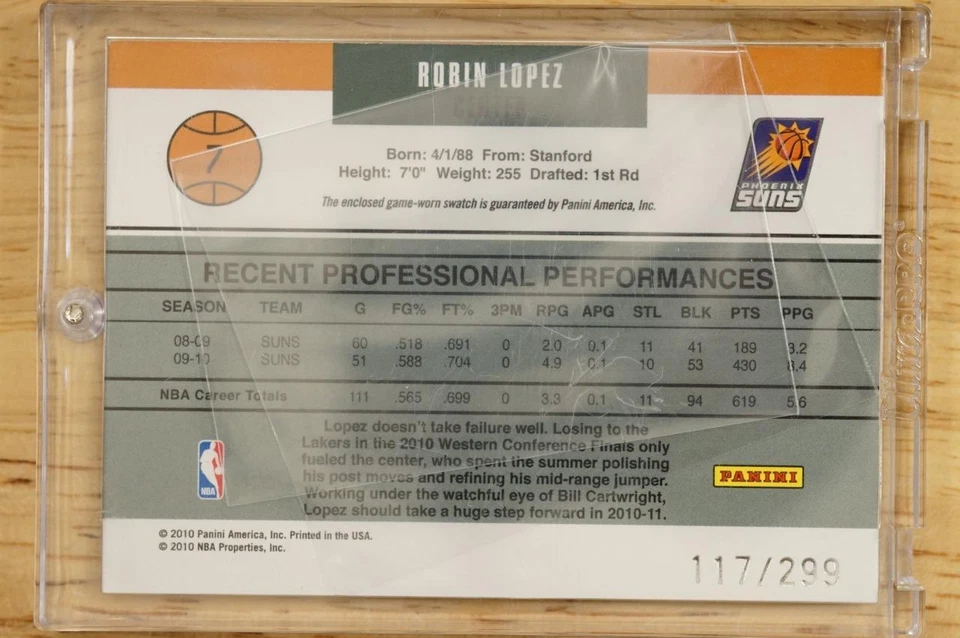 2010 Panini NBA Basketball Card 117/299 ROBIN LOPEZ Phoenix Suns Gamers #7 - Image 2 of 2