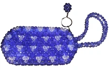 Blue and White Jelly Wristlet Floral Beaded Key Chain Zip Closure Small Wallet