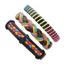 3pcs Set Handmade Braided Colorful Leather Wrap Adjustable Bracelet Women Men