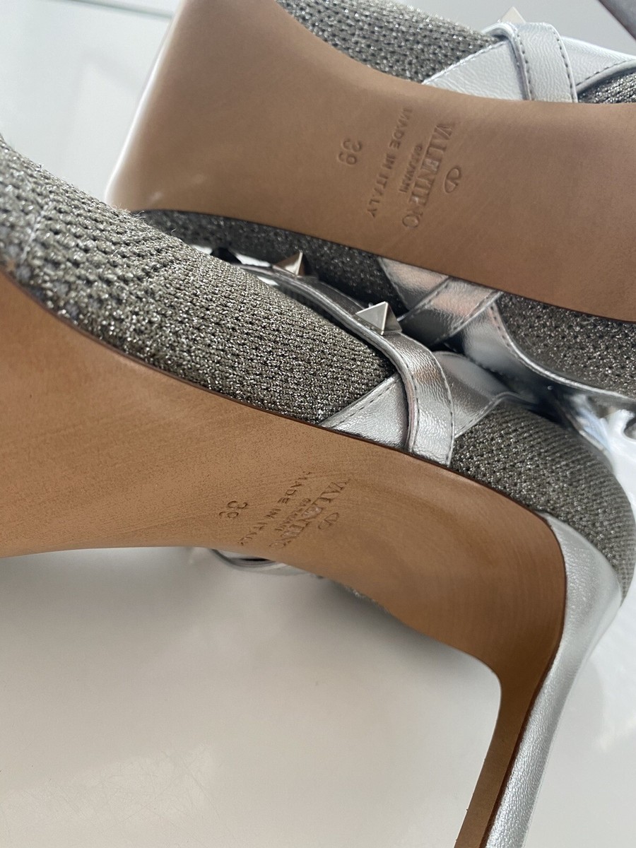 Bottes Valentino Rockstud En Cuir Métallisé Gris - Taille 39 (US 9) - Haute Tige Cheville - Neuf Avec Boîte