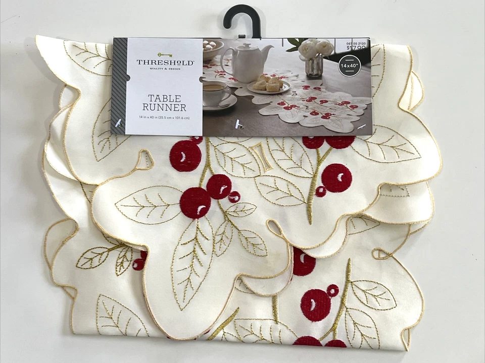 Threshold Berry Cutwork Table Runner 14 X 40, New - Image 3 of 4