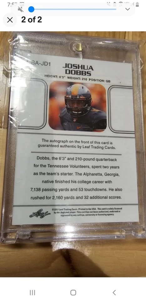 R. Joshua Dobbs 2017 Leaf Ultimate Draft Autograph Rookie card 11/25 Jersey # - Image 2 of 2