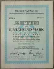 Stock, Oberpfalzwerke AG For Electricity Supply 1923, (Art.3204)