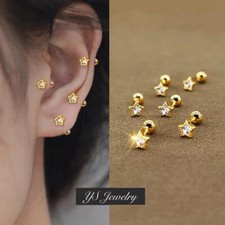 Women Small Gold CZ Star Screw Back Stud Earrings Surgical Steel Dainty Jewelry