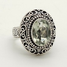 New Sterling Silver Filigree Oval Faceted Green Quartz Large Band Ring Size 8