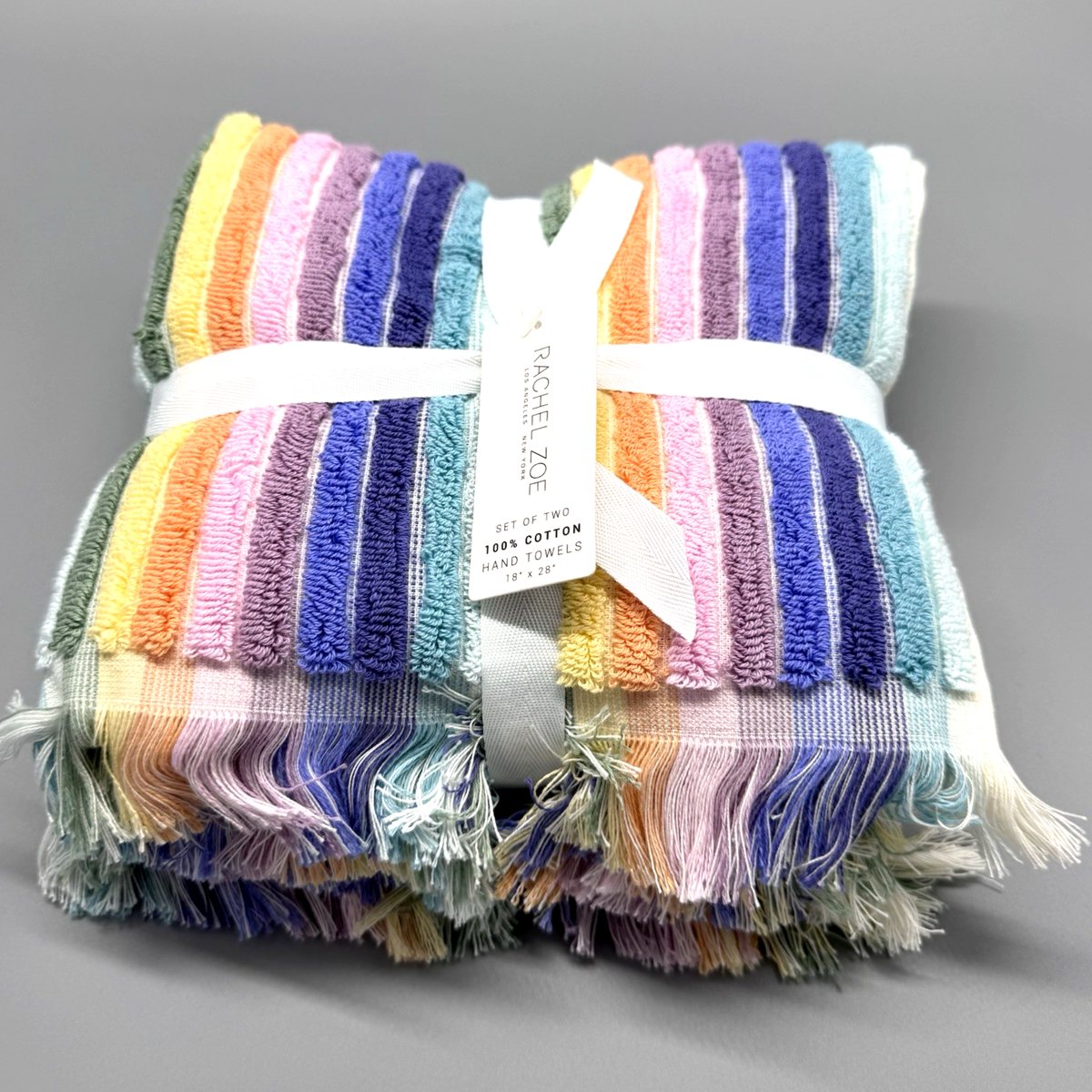 x2 Rachel Zoe Pastel Rainbow Stripe Hand Towel Set Fringe Colorful