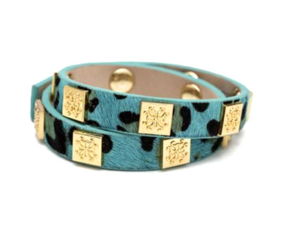 Rustic Cuff NEW Meagen Calfskin Turquoise Leopard Double Wrap with Gold -$82