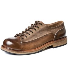 Retro Style Round Toe Mens Lace Up Formal Dress Real Leather Work Shoes Business