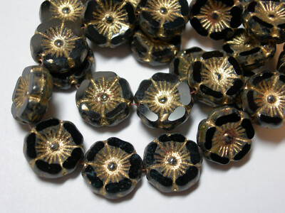 12 beads - Black with Gold Czech Glass Flower Beads 12mm