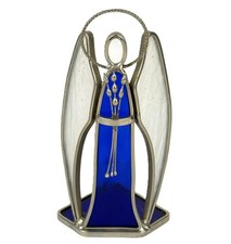 Vintage Cobalt Blue Stained Glass Angel Votive Candle Holder - 7.5" Figurine