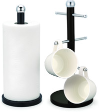 Black Stainless Steel Mug Tree & Kitchen Roll Holder Set – Coffee Tea Cup Stand