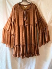 Emgee brand boho-style,Swiss dot texture, tiered ruffles, flared sleeves, Size L