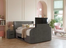Kobe Grey Velvet Ottoman TV Bed – King Size + 32” Smart TV + TEMPUR Mattress