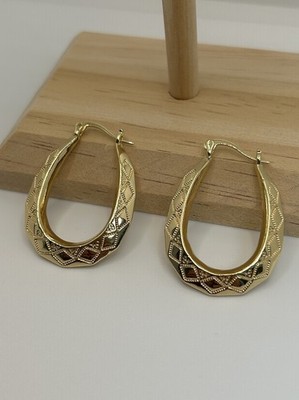 18K Bonded Solid Oval Teardrop Creole Gemustert Creolen | Medium Size