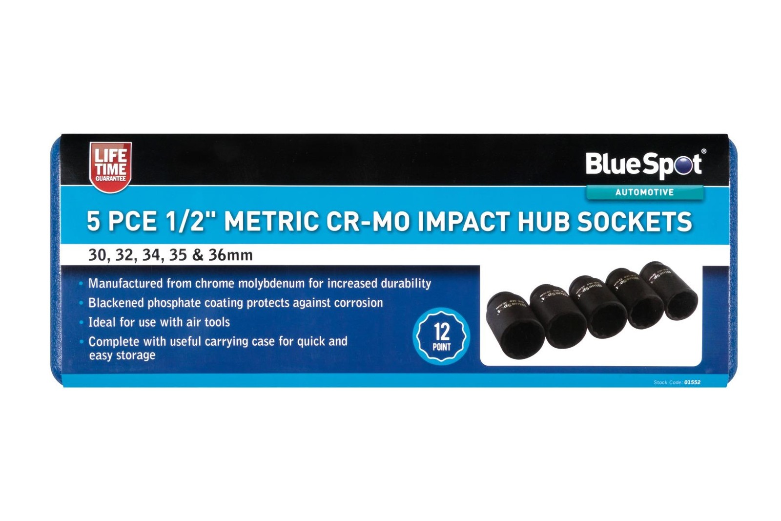 Blue Spot 01552 5 Piece 1/2"" Metric Cr-Mo Impact Hub Sockets (30-36mm)