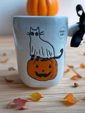 RAE DUNN Cat in Ghost Costume Mug Feline Spooky w/Cobwebs & Spider 18 oz. NEW