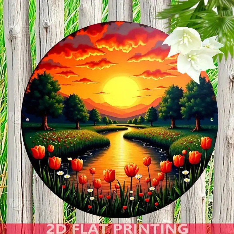 Vintage Sunset River Scene Round Aluminum Sign Rustic Tulip
