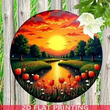 Vintage Sunset River Scene Round Aluminum Sign Rustic Tulip