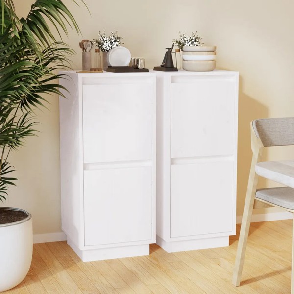 Schmales Sideboard 2Er Set Weiß Massivholz Kiefer 31,5X34X75 Cm-image