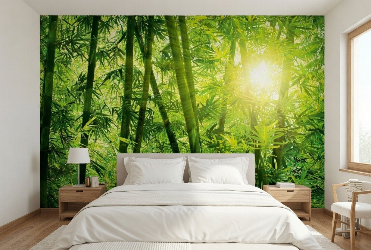 Green bedroom plants decor wallpaper 151x102inch wall mural botanical bamboo