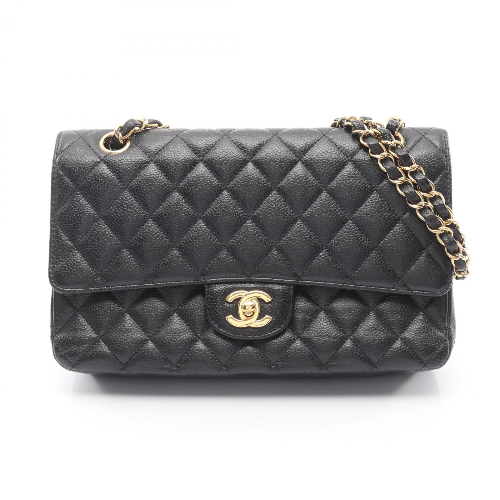 CHANEL Matelasse W flap Chain Shoulder Bag A01112 leather Black Used Women GHW