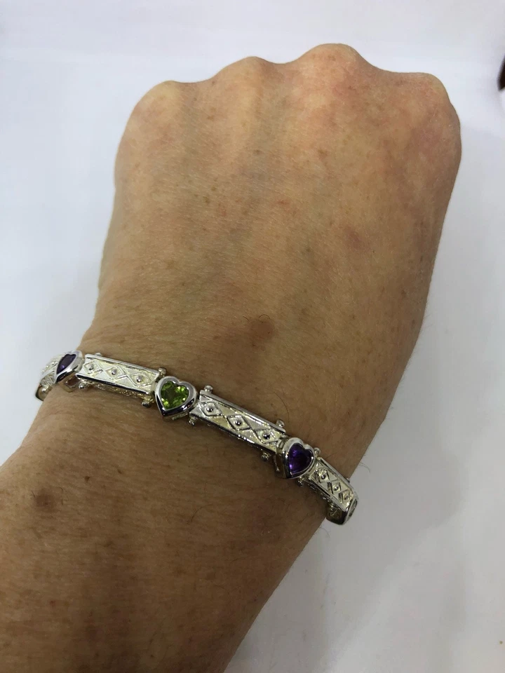 Vintage Handmade Genuine Peridot Amethysts 925 Sterling Silver Tennis Bracelet - Image 4 of 4