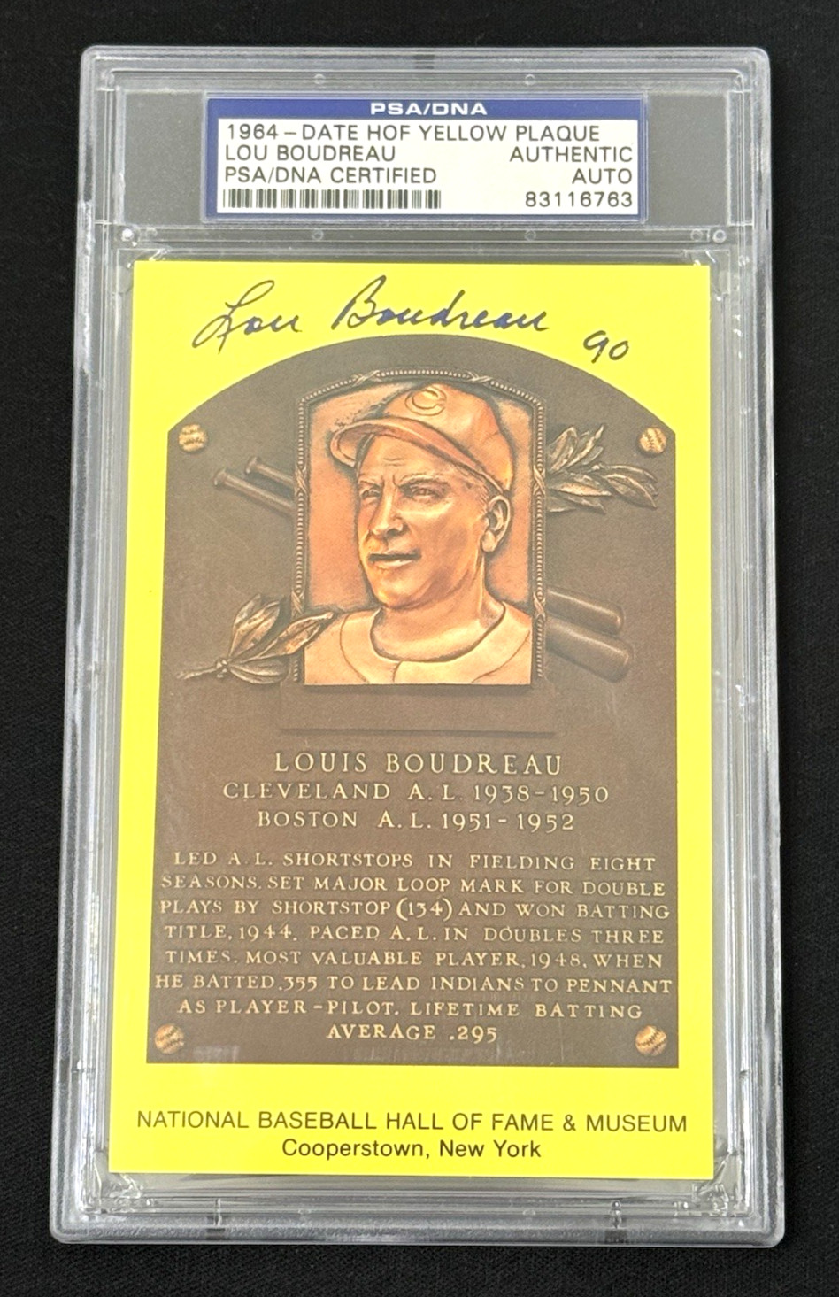 LOU BOUDREAU Signed & Inscribed "90" HOF Plaque Baseball Postcard Auto (PSA DNA)