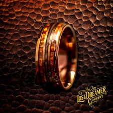 Banjo String & Whiskey Barrel Wood Hammered Tungsten Men Wedding Ring Size 12