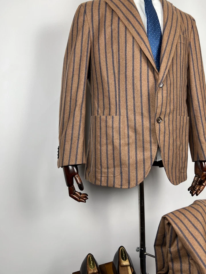 Terno Caruso Aida masculino marrom azul marinho listrado lã superfino anos 120 UE 58 EUA 48R - Imagem 3 de 4