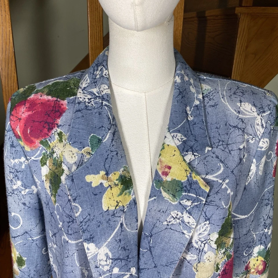 90s Y2K Danielle B Blue Woman 10 Floral Blazer Rayon Flax Cottagecore Career Art - Image 2 of 4
