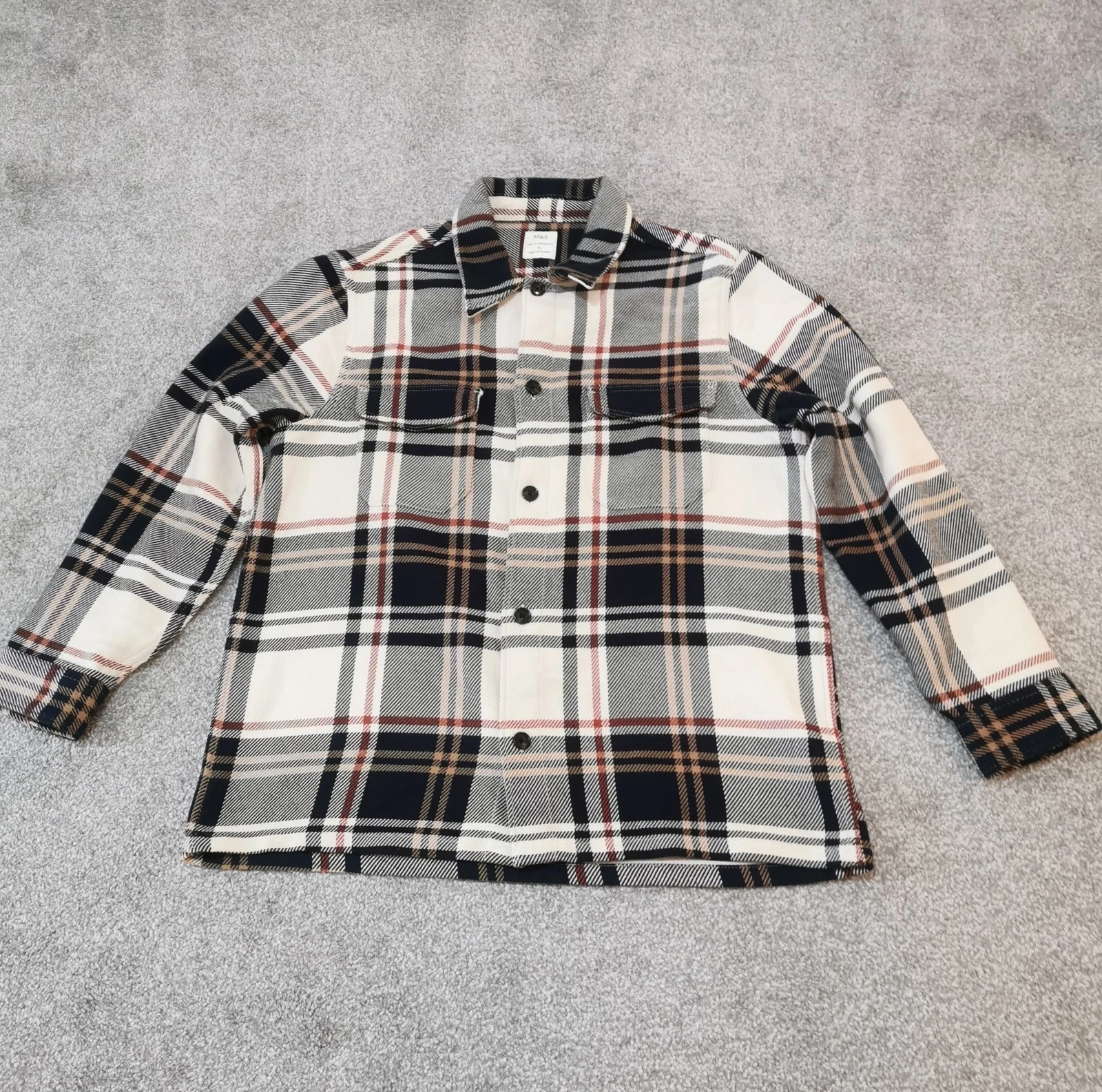 M&S Jacket Mens XL Blue Ivory Chore Overshirt Flannel Shacket Plaid Work Utility