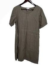 Pure Jill Dress Womens SMALL Army Drab Garment Dyed Linen Shift POCKETS 