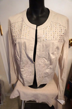 Chico's Size 2 Cream Open Front Jacket Beaded "Black label" Long Sleeve
