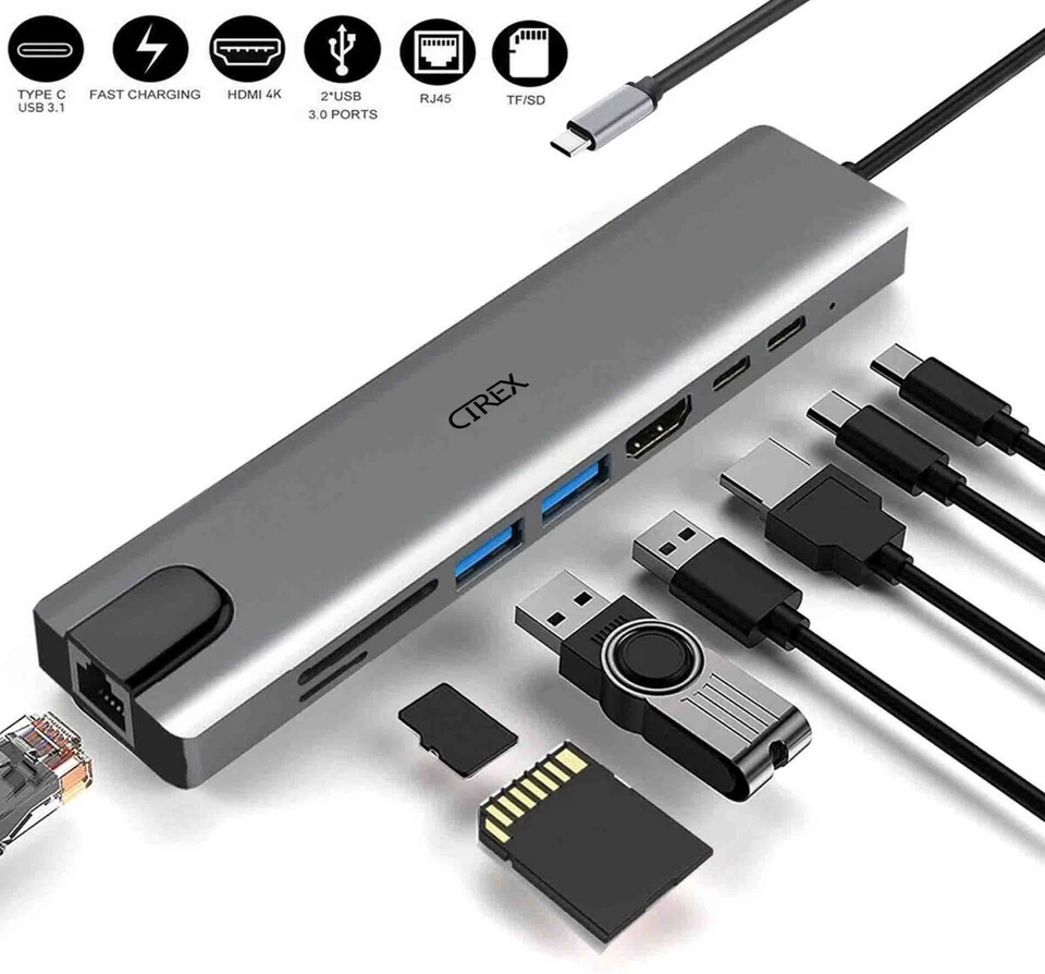 USB-C HUB Type-C USB 7/8 in 1 Multi 3.0 4K HDMI RJ45 Ethernet Micro SD TF OTG - Image 2 of 4