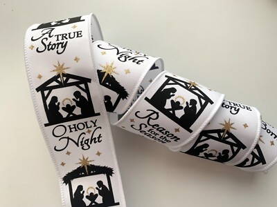 Christmas Ribbon, Nativity Scene, 2 1/2'' Wide, Wired Edge, 3 YARDS