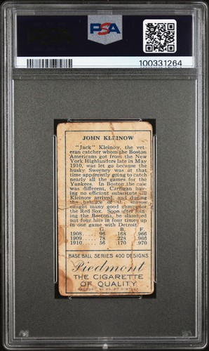 T205 Red Kleinow Short Print Red Sox Piedmont Back PSA 1  - Picture 2 of 2