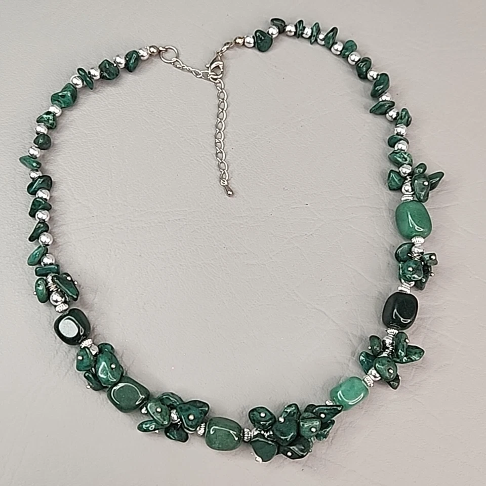 Aventurine Stone Necklace Green Beaded Silver Tone Chain Jewelry 19-20" - Image 2 of 4