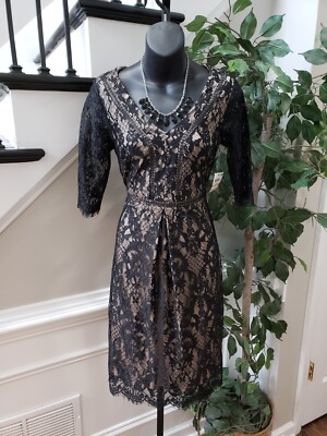 Thalia Sodi Women's Black & Beige Lace Floral Long Sleeve V-Neck Sheath  Dress 2 | eBay