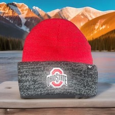 OSU Ohio State Buckeyes Knit Hat Cuffed Beanie 2 Tone Scarlet Bucks NWT NO POM