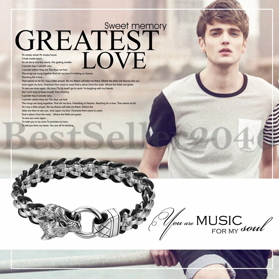 Pulseira de corrente masculina de couro de aço inoxidável para motociclista punk cabeça de lobo - Imagem 3 de 4