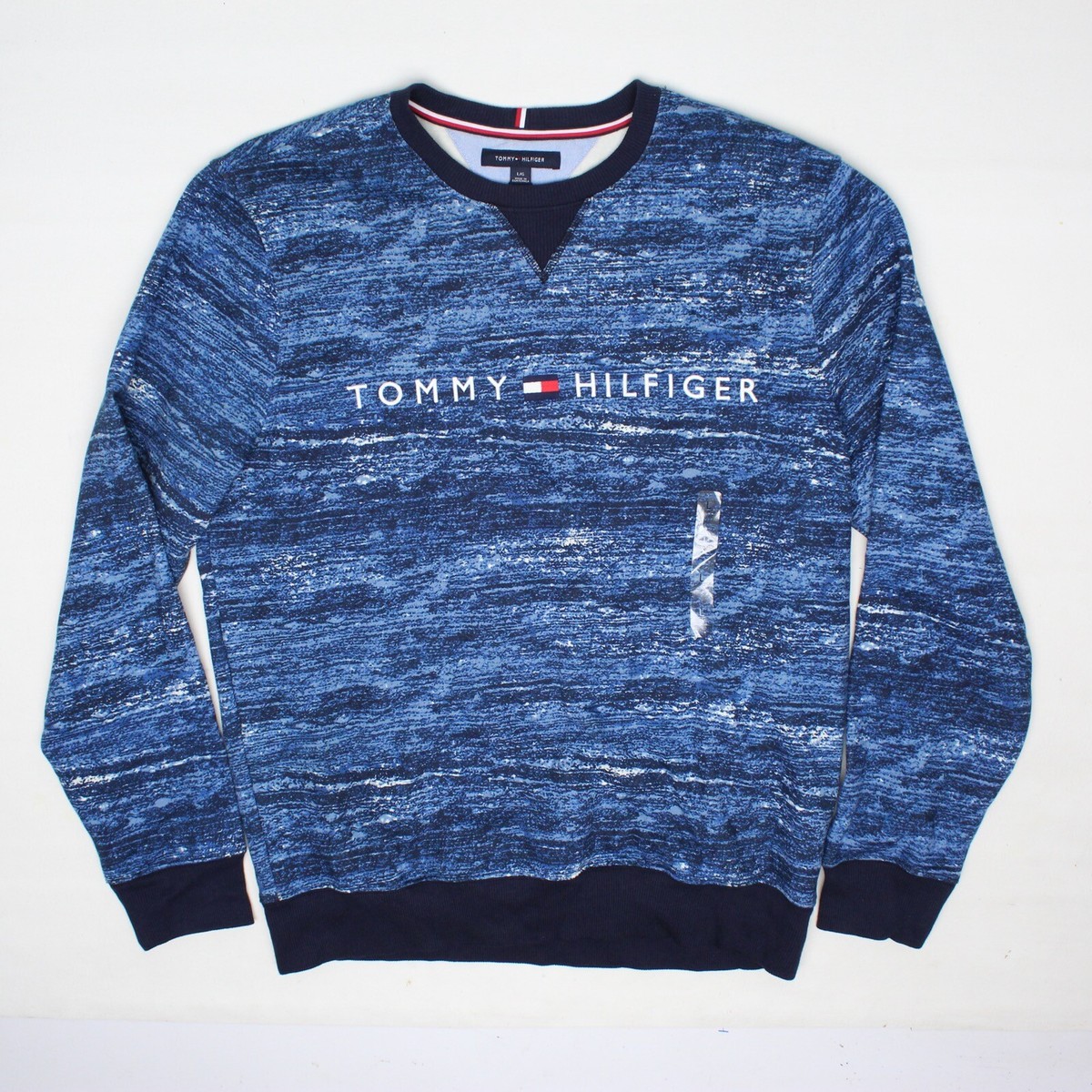 NEW Tommy Hilfiger Crewneck Sweatshirt L Blue Melange Ocean Print
