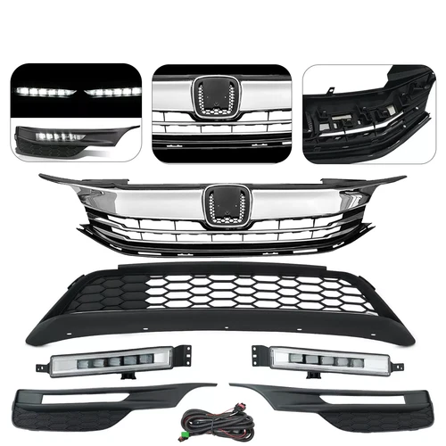 For 2016 2017 Honda Accord Sedan Front Bumper Grille Grill & LED Fog Lights Set - Picture 1 of 19