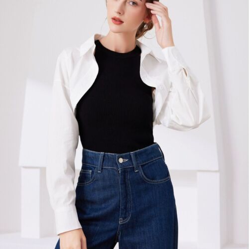 Mujeres Cárdigan Blanco Cuello Falso Blusa Frente Abierto Recortado Encogido de hombros Camisa - Imagen 6 de 8
