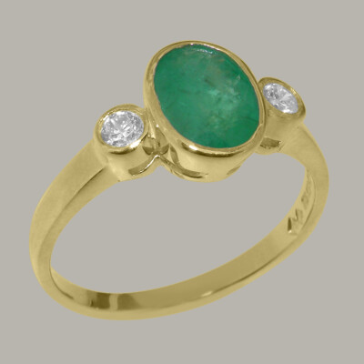 Solid 9ct Yellow Gold Natural Emerald & Diamond Womens Trilogy Ring-Sizes J to Z